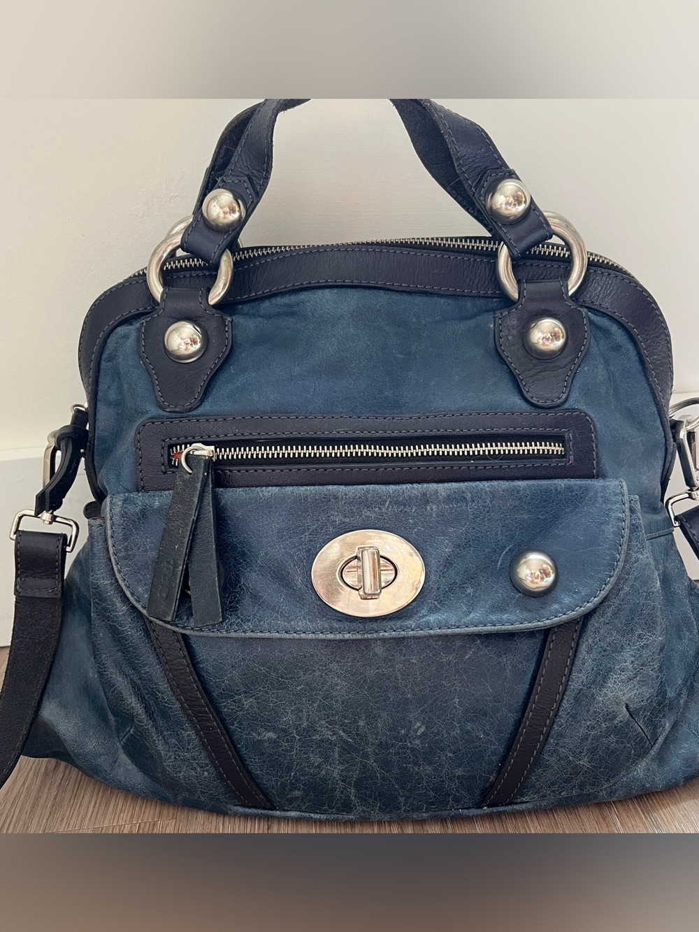 Vintage Tano Blue Leather Satchel Crossbody Bag Distressed Y2K purse 2000s - Picture 2 of 11